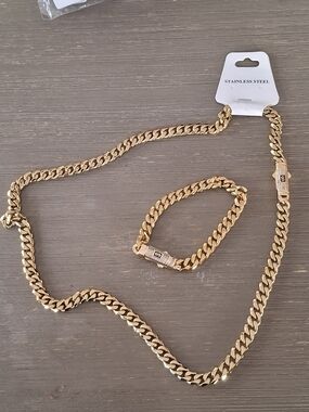 Gold-Tone Stainless Steel Cuban Chain Necklace and Bracelet Set